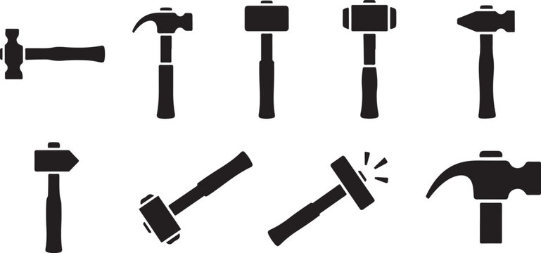 Hammer Icon Set, Black Silhouette Tool Collection, Carpenter Symbols, Hammer Pictogram