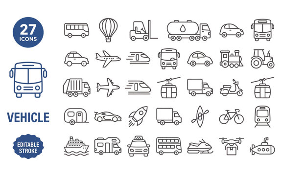 Vehicle transport icon set displaying various modern modes of travel and personal mobility systems.