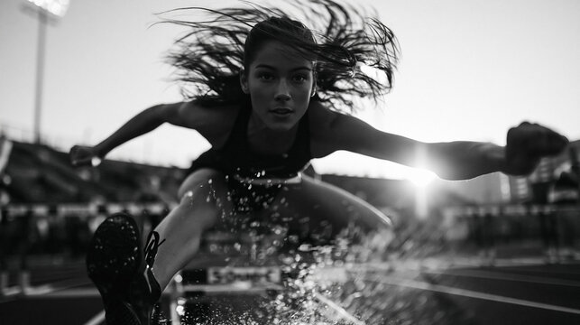 Female Athlete Jumping Over Hurdle on Running Track