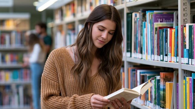 Young woman reading a book among shelves in a softly lit library with shallow depth of field