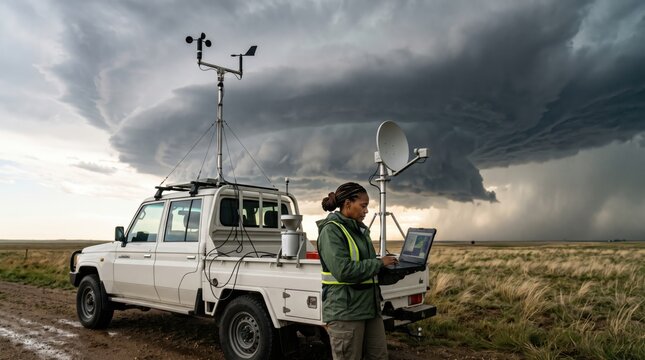 Meteorologist Tracking Severe Weather and Storm Front with Mobile Station. Concept of storm chaser, weather monitoring. Copy space.