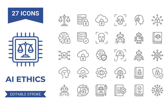 Ai ethics line icon set featuring black outline symbols for artificial intelligence secure policy.