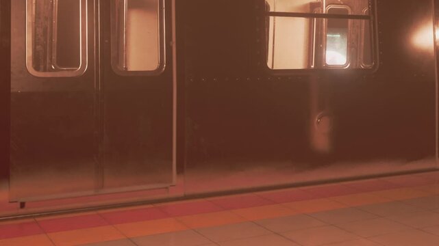 A subway train nears the platform in a city. The lights of the train and the colors of the floor tiles are visible. It is evening, and people wait by the train doors.
