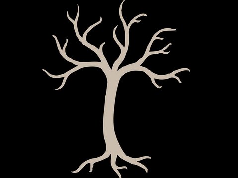 A stylized, leafless tree design is depicted against a black background. The tree features a smooth, light brown trunk with multiple branches extending outward, curving and tapering at the ends. Its r