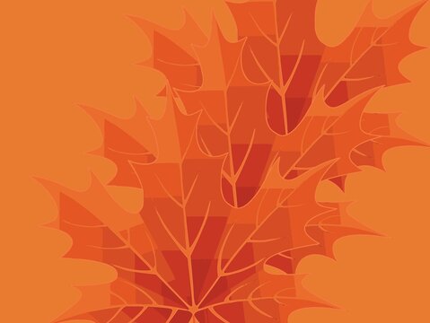 Abstract illustration featuring overlapping autumn leaves in various shades of orange and red. The leaves have distinct veins and jagged edges, creating a layered and textured appearance against a sol