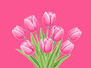 Fototapeta premium A digital illustration featuring a bouquet of pink tulips with pointed green leaves on a bright pink background. The petals display subtle shading to give a sense of depth, with the tulips clustered c