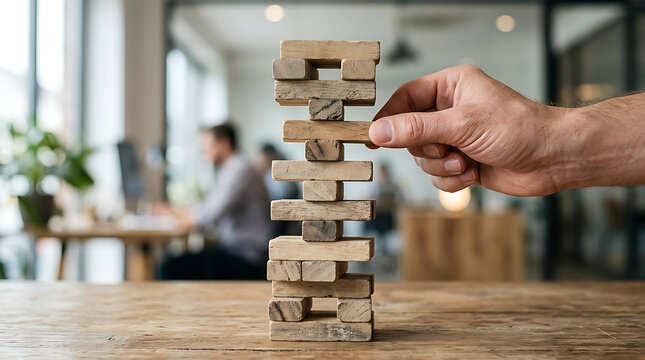 Businessman carefully plays wooden Jenga block game during a break in a modern office