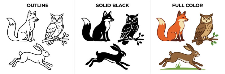 Fototapeta premium Set of forest animals including fox, owl, and rabbit in outline, solid, and full color