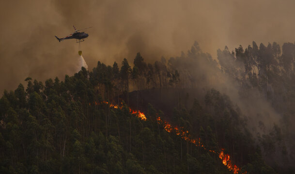 Arouca, Aveiro District, Portugal - 20 August 2026: View of a firefighting helicopter dropping water on a forest fire burning through trees on a hillside with thick smoke filling the air.