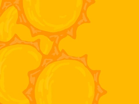 Abstract artwork featuring overlapping yellow and orange circular shapes with jagged edges on a warm yellow background. The design suggests stylized suns, using a bold color palette and simplified for