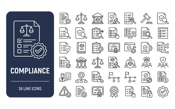 Compliance document symbols set featuring legal scales and regulatory checkmark icons for auditing.