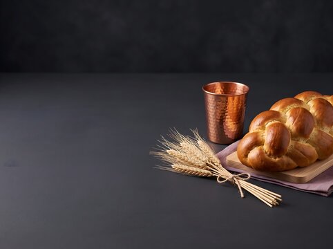 Braided challah bread, fresh jewish pastry, copper cup and wheat on dark table