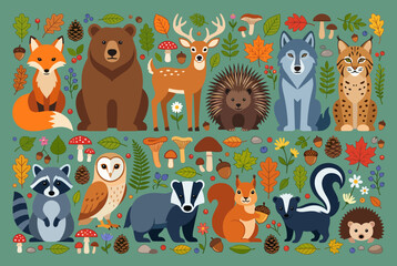 Naklejka premium Charming forest animals and autumn elements in a flat design illustration