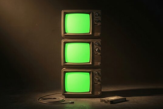 Stack of three vintage televisions with green screens and a VHS tape on the floor, illuminated by soft lighting against a dark background