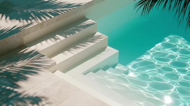 Summer hot vibe lifestyle. A vivid, highresolution photograph of a modern, minimalist swimming pool. The pool features a clear, turquoise water with ripples reflecting the surrounding environment.