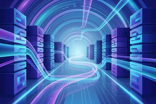 Futuristic digital data center with rows of server racks illuminated by neon lights and flowing data streams, creating a high-tech atmosphere in a virtual environment