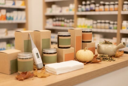 Assorted herbal products and natural remedies displayed on wooden counter in a wellness shop, featuring jars, boxes, and a teapot with autumn leaves and a small pumpkin