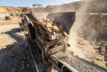 Fototapeta premium Heavy machinery conveyor system transporting crushed stone in a mining site with dust clouds and rocky terrain under clear blue sky
