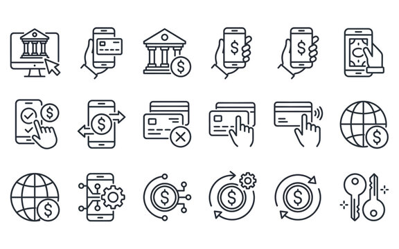 Online banking mobile finance line icons set featuring digital currency and banking system elements.