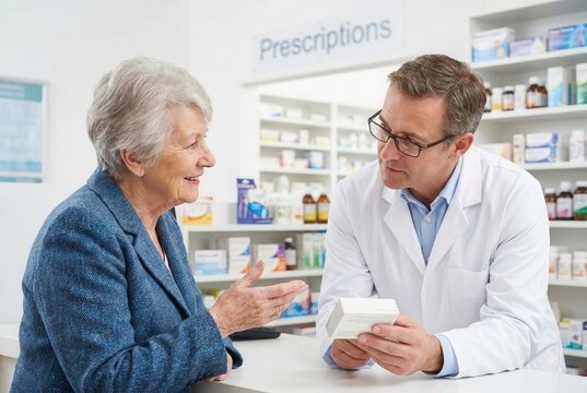 Senior woman consulting with male pharmacist in white coat about medication at pharmacy counter with shelves of medicine in the background