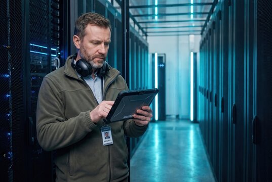 Male IT technician wearing headphones checks data on a tablet while standing in a server room with illuminated server racks and a modern technology environment