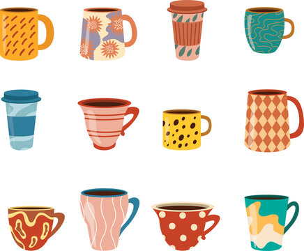 Set of colorful hand-drawn mugs and coffee cups with diverse patterns and decorative textures isolated on a white background for creative kitchen or cafe menu design concepts