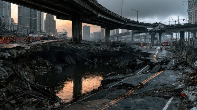 Urban highway devastated by massive sinkhole and flooding, emergency crews respond under stormy skies. Ideal for disaster response and urban infrastructure concepts.