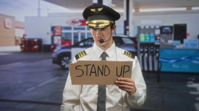 Man pilot in uniform holds cardboard sign reading stand up at gas station forecourt wearing headset microphone; urgent protest.