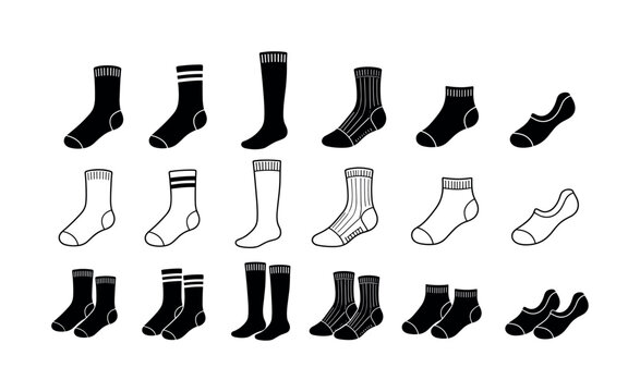 Black and white sock silhouette set with filled and outlined long ankle sock variations, socks, silhouette, outline, black, white,