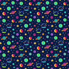 Fototapeta premium Whimsical space pattern with astronauts, planets, and stars for kids