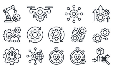 Fototapeta premium Gear machine process icons set featuring engineering automation efficiency optimization technical design.