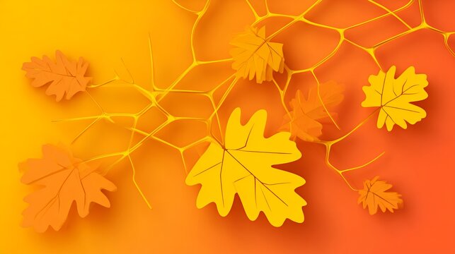 Creative 3d illustration of vibrant yellow and orange autumn leaves connected by a glossy golden branch network on gradient background