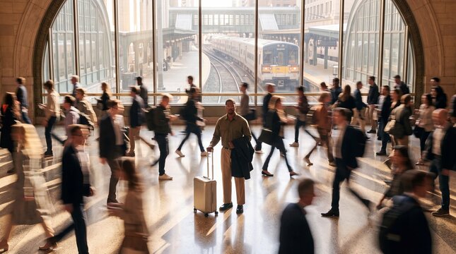 Man with Luggage Standing in Crowded Train Station Hall