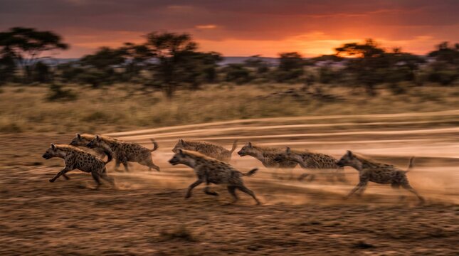 Pack of Hyenas Running Across Savannah at Sunset