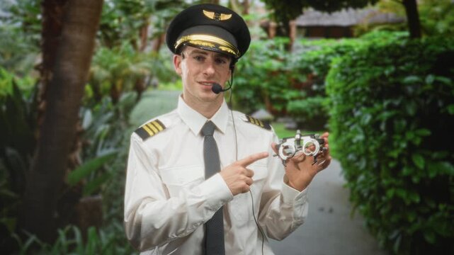 Young pilot man in uniform points finger to glasses while holding optometry trial frame on a street path with headset mic; duty confidence.