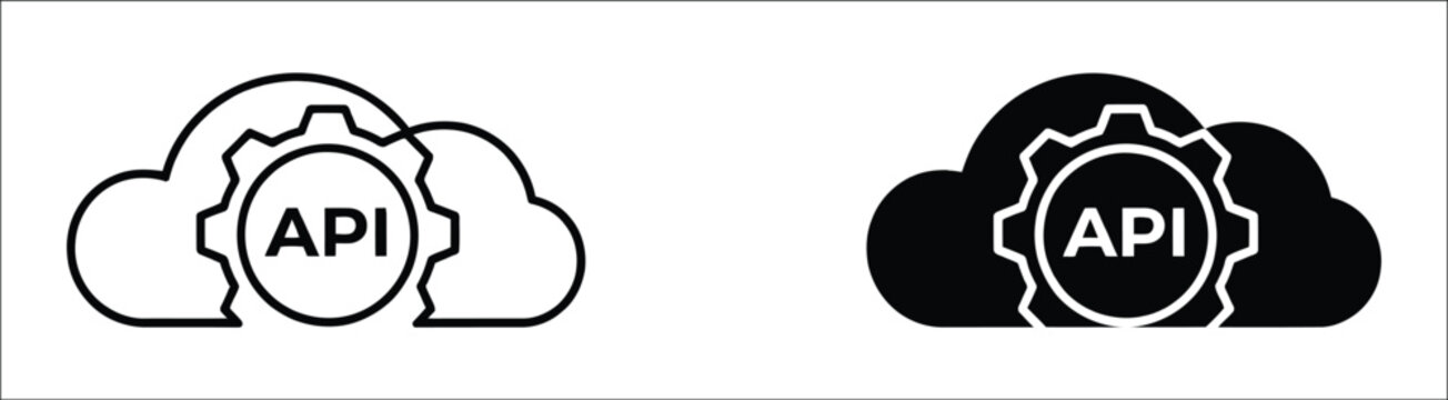 Cloud computing API integration icon set featuring gear inside cloud symbols in linear and solid styles, representing software development, cloud services, system automation, data synchronization.