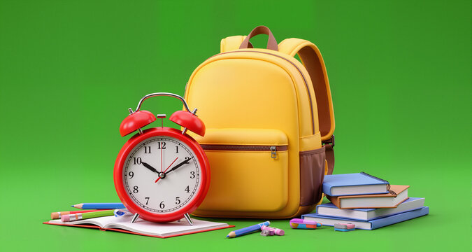 Yellow backpack with alarm clock and school equipment. Back to school concept on green background 3D Rendering, 3D Illustration
