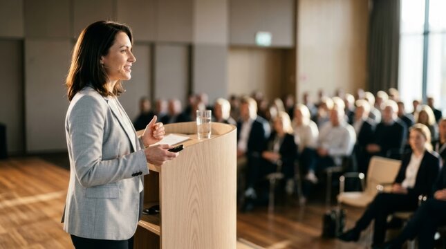 Confident businesswoman presents at conference, gesturing with clicker to seated audience in bright modern hall