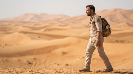 Man walking through desert dunes, enduring heat and fatigue, with copy space for travel or adventure themes.