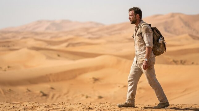 Man walking through desert dunes, enduring heat and fatigue, with copy space for travel or adventure themes.