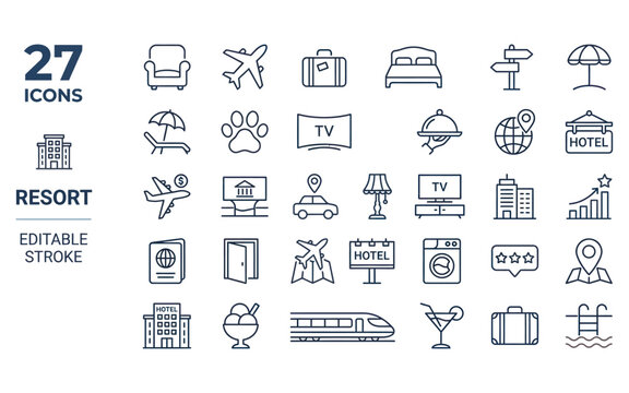 Resort outline icons set featuring travel baggage and accommodation luxury elements for trip planning.
