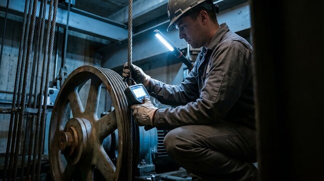 Elevator Technician Performing Equipment Inspection Using Digital