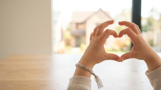 Child hands form heart shape over blurred new home background, symbolizing home ownership and real estate dreams