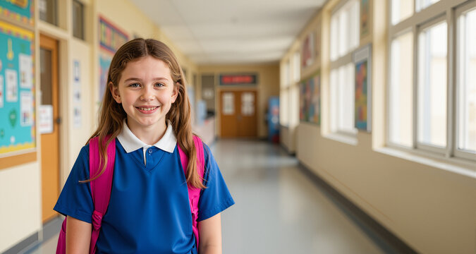 Portrait of smiling cacuasian schoolgirl in elementary school corridor, with copy space
