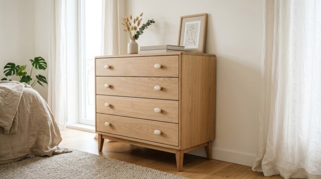 Scandinavian wooden chest of drawers in a bright, cozy bedroom with natural light and linen curtains