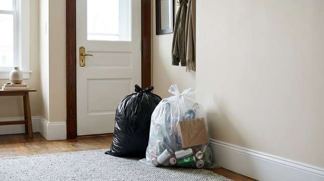 Two full trash bags by the door in a bright, neutral hallway, representing routine home waste management and organization.