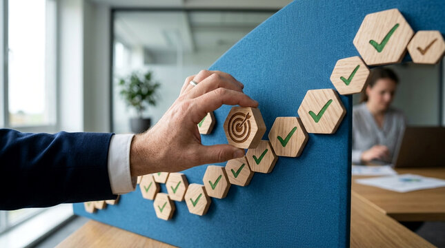 Businessman placing hexagon wooden target into a successful checkmark pattern in office setting