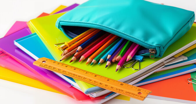 brightly colored school supplies spill from a teal pencil case onto a pile of assorted notebooks and a ruler, emphasizing learning and creativity.
