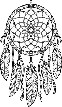 Traditional Native American Dreamcatcher Vector Line Art Illustration for Coloring Page Design