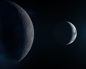 A view of planet Earth from the cratered surface of the moon. Elements of this image furnished by NASA. © Tryfonov
